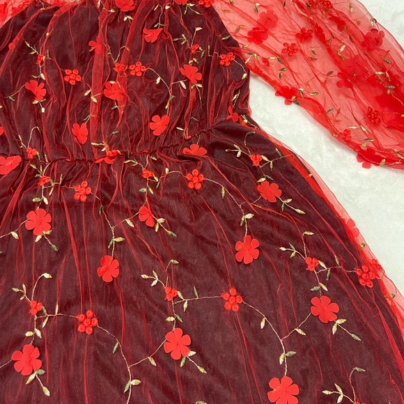 SHEIN Red Embroidered Mesh Bardot Dress - Picture 4 of 5